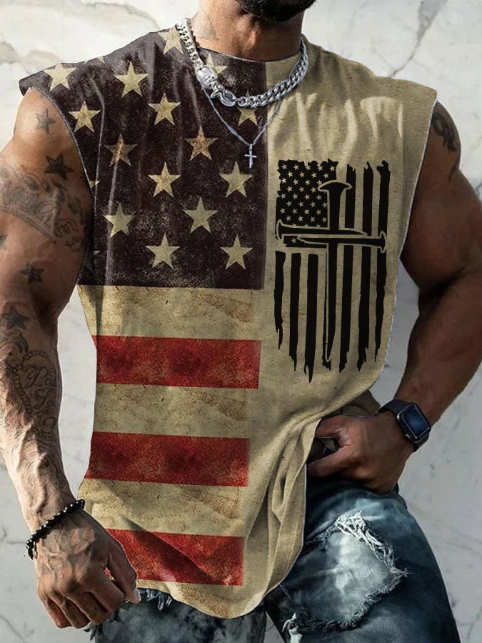 Men's Faith Cross American Flag Printed Casual Tank Top