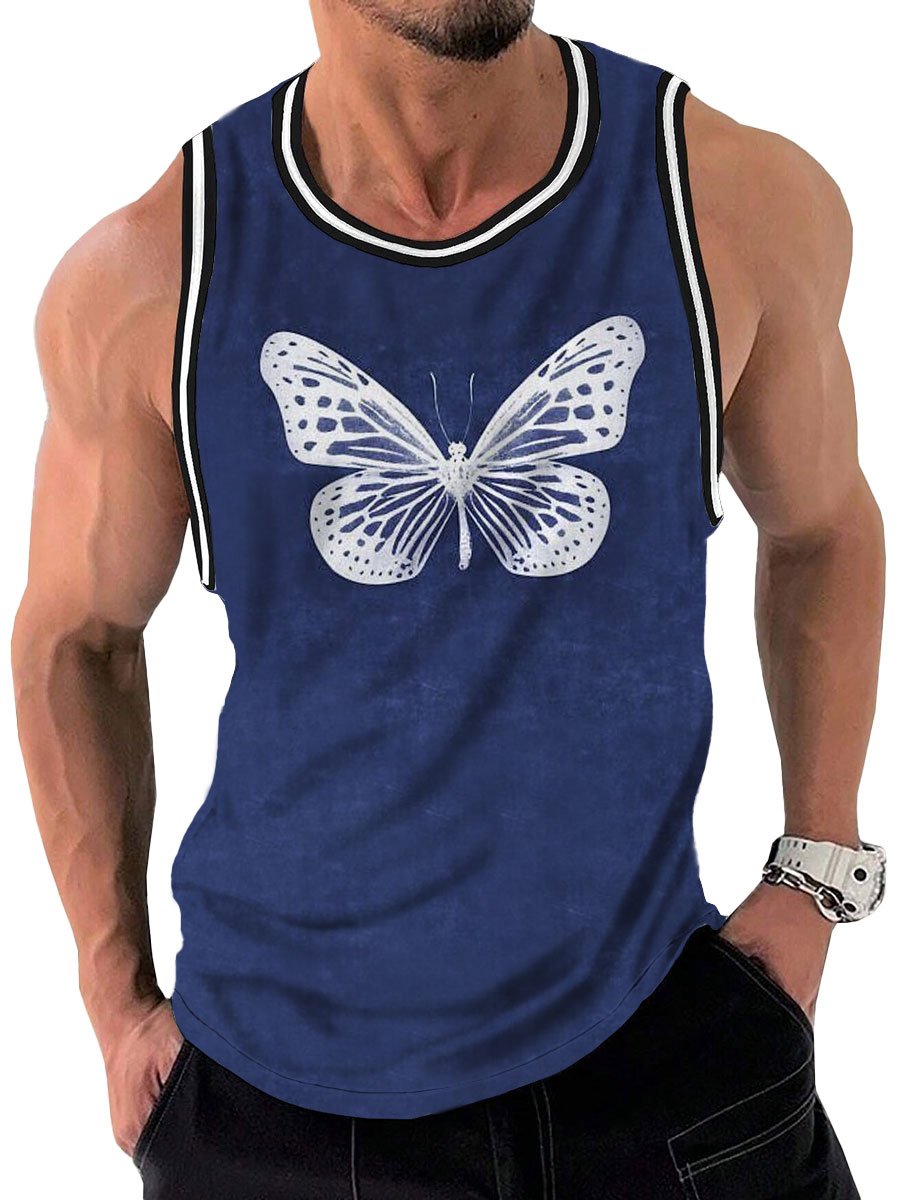 Retro Tie-Dye Butterfly Print Casual Round Neck Tank Top