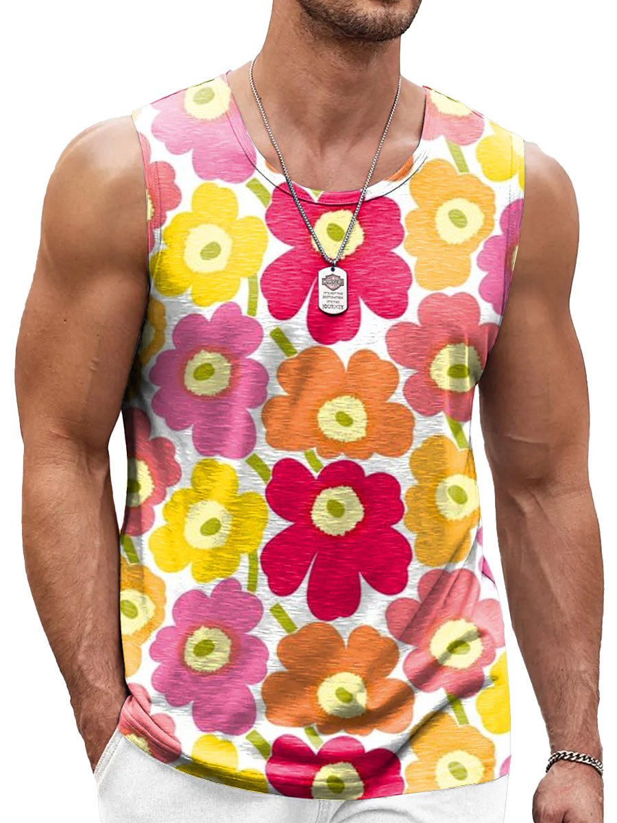 Bright Cartoon Floral Print Casual Round Neck Tank Top