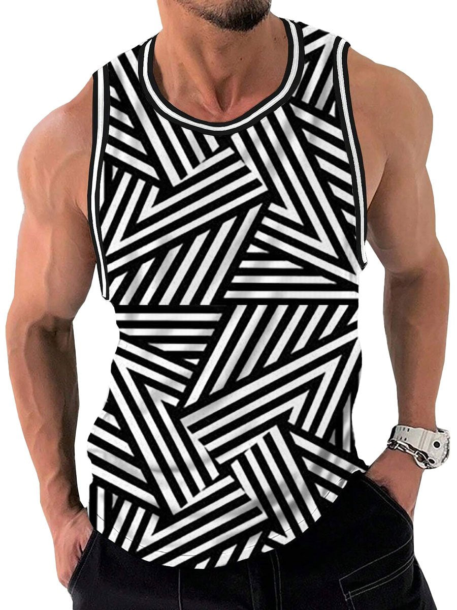 Black And White Line Geometric Print Casual Round Neck Sleeveless Tank Top