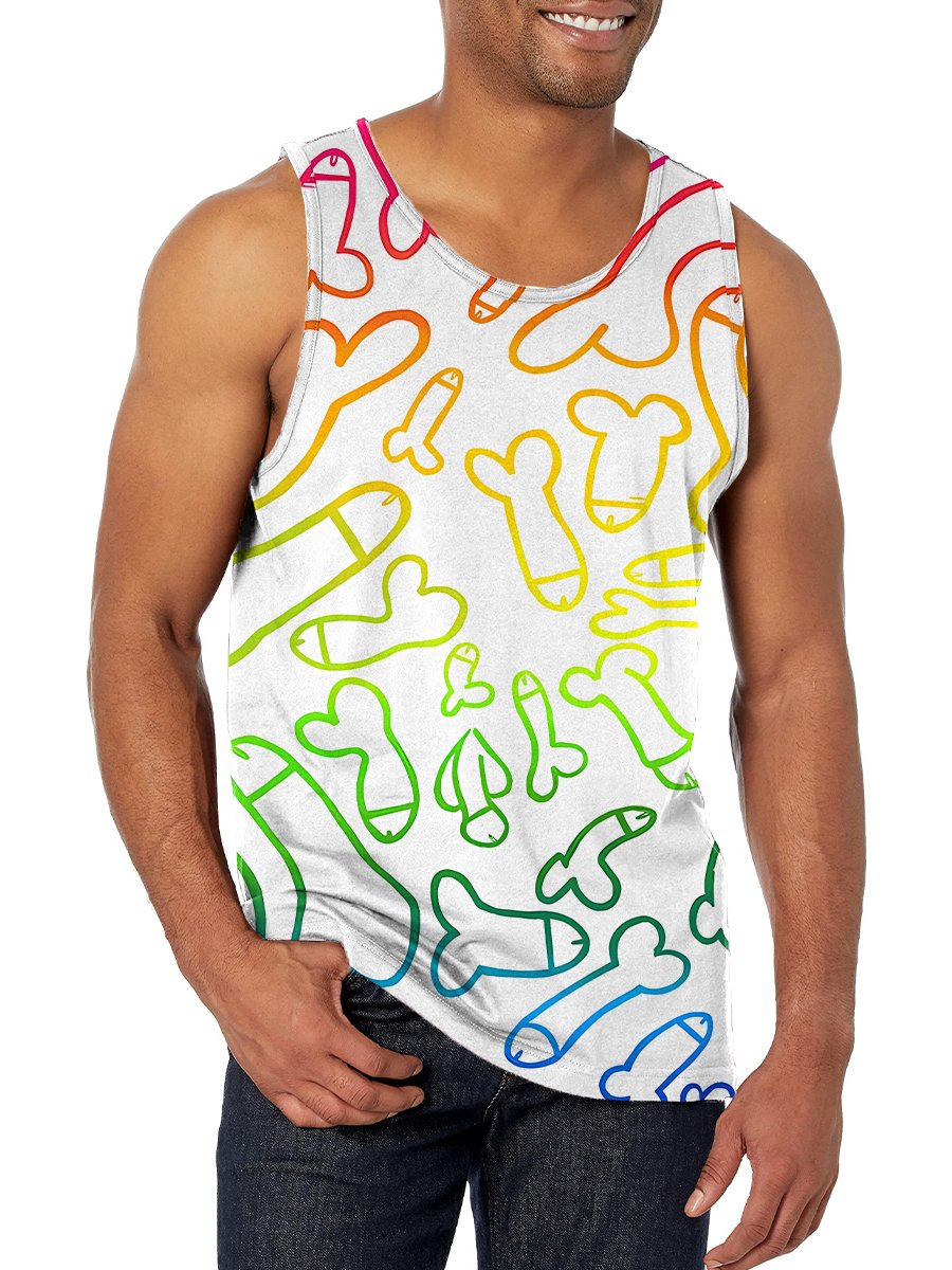 Men's Tank Top Funny Rainbow Cock Print Crew Neck Tank T-Shirt