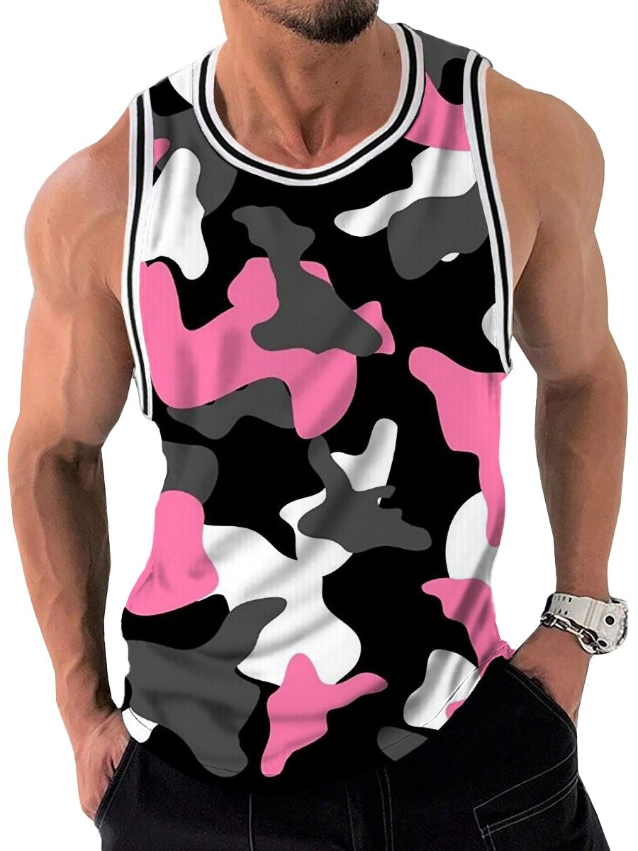 Pink Black Contrasting Camo Print Crew Neck Tank Top