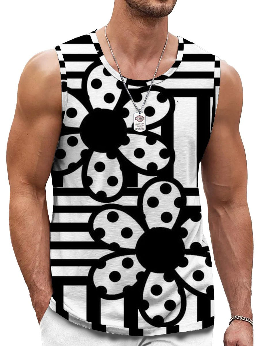 Black And White Line Floral Print Casual Tank Top