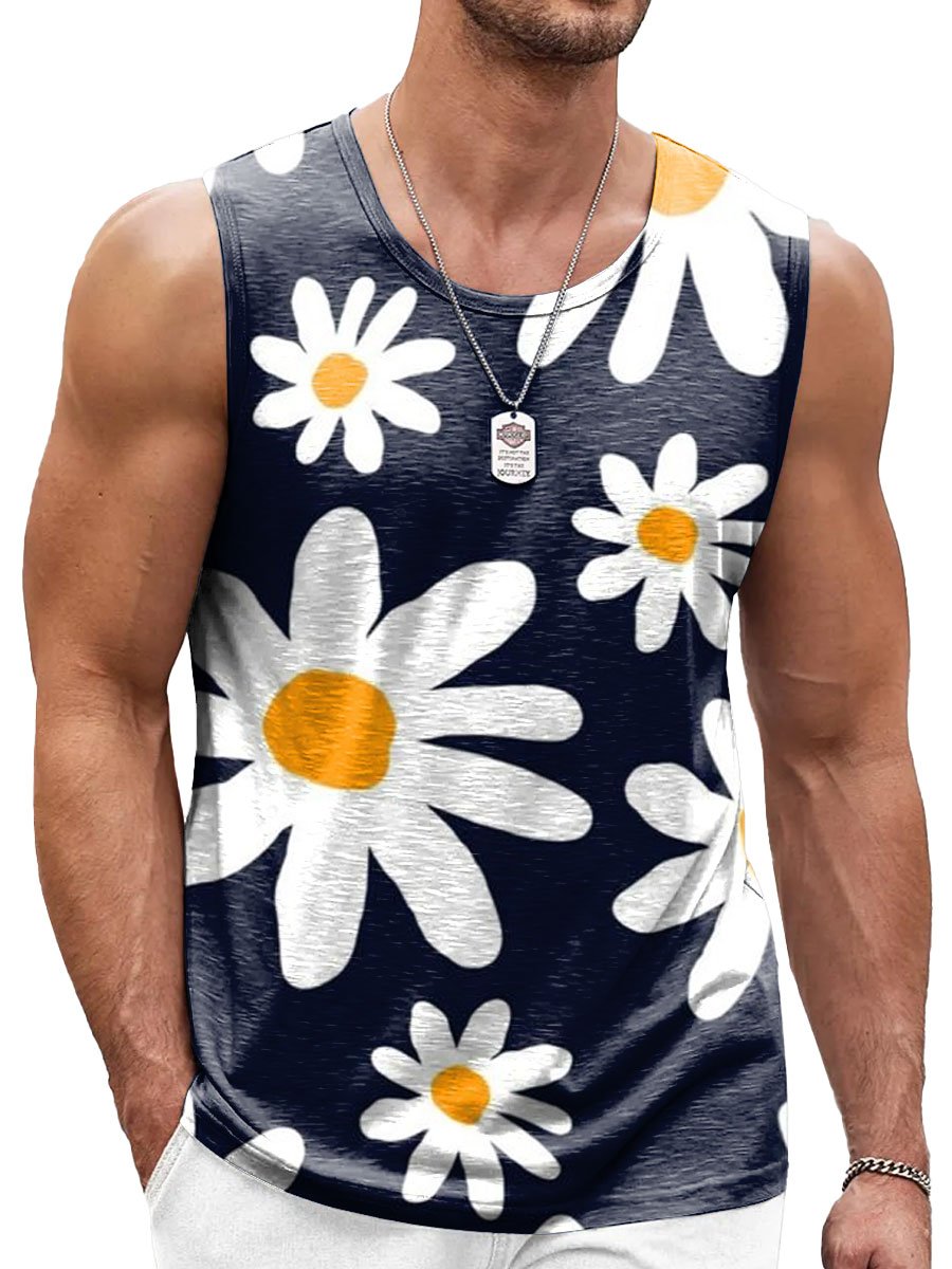 Black And White Daisy Floral Print Casual Round Neck Tank Top