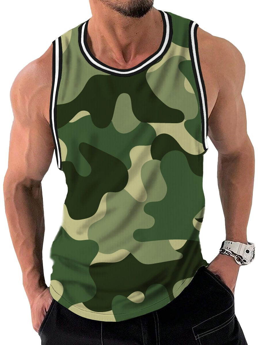 Retro Camo Print Crew Neck Tank Top