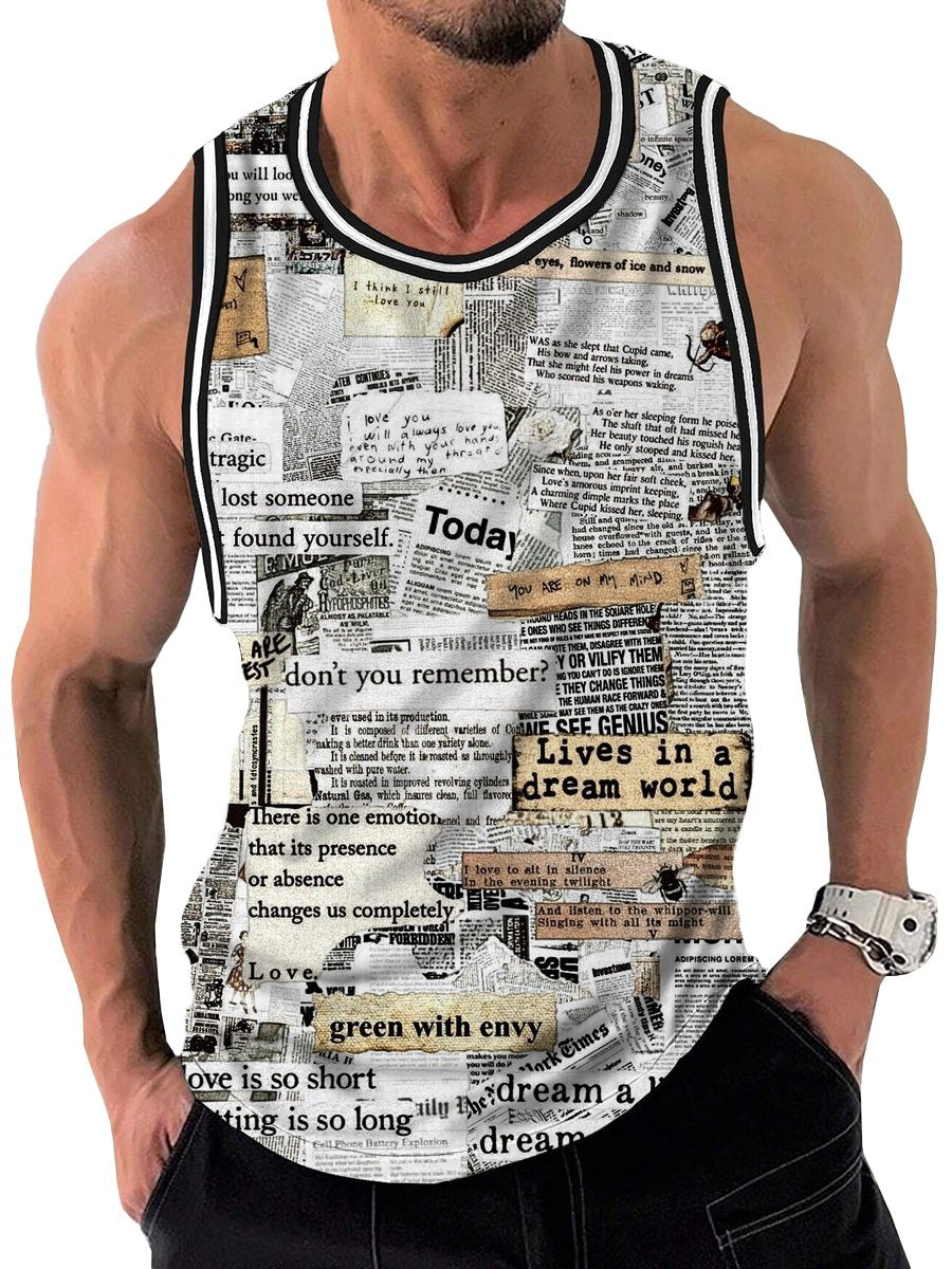 Retro Newspaper Print Crew Neck Tank Top
