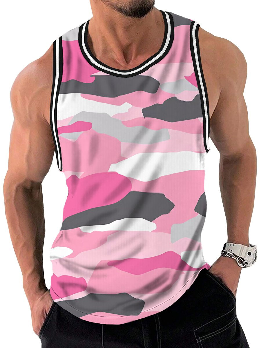 Fresh Pink Camouflage Print Crew Neck Tank Top