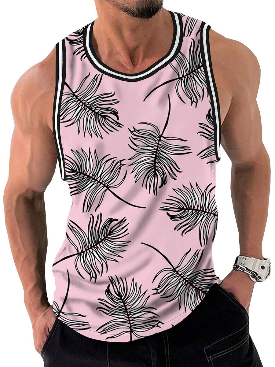 Men's Pink Leaf Print Casual Round Neck Tank Top