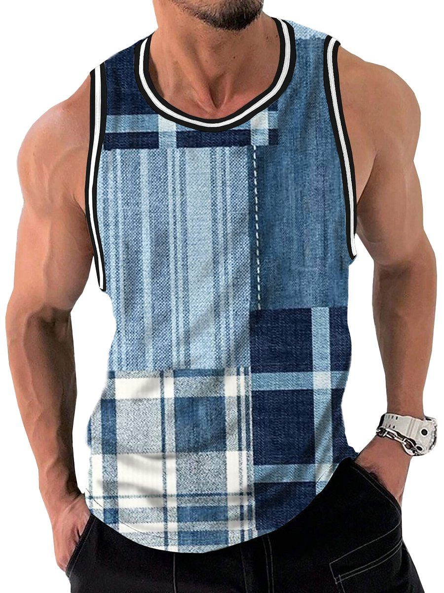 Vintage Denim Plaid Print Crew Neck Tank Top