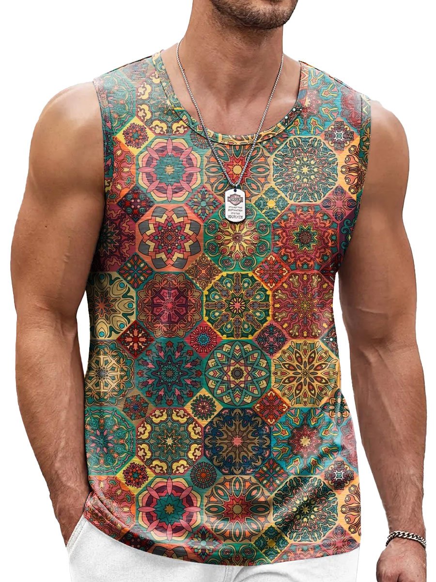 Men's Retro Geometric Ethnic Print Casual Crew Neck Tank Top