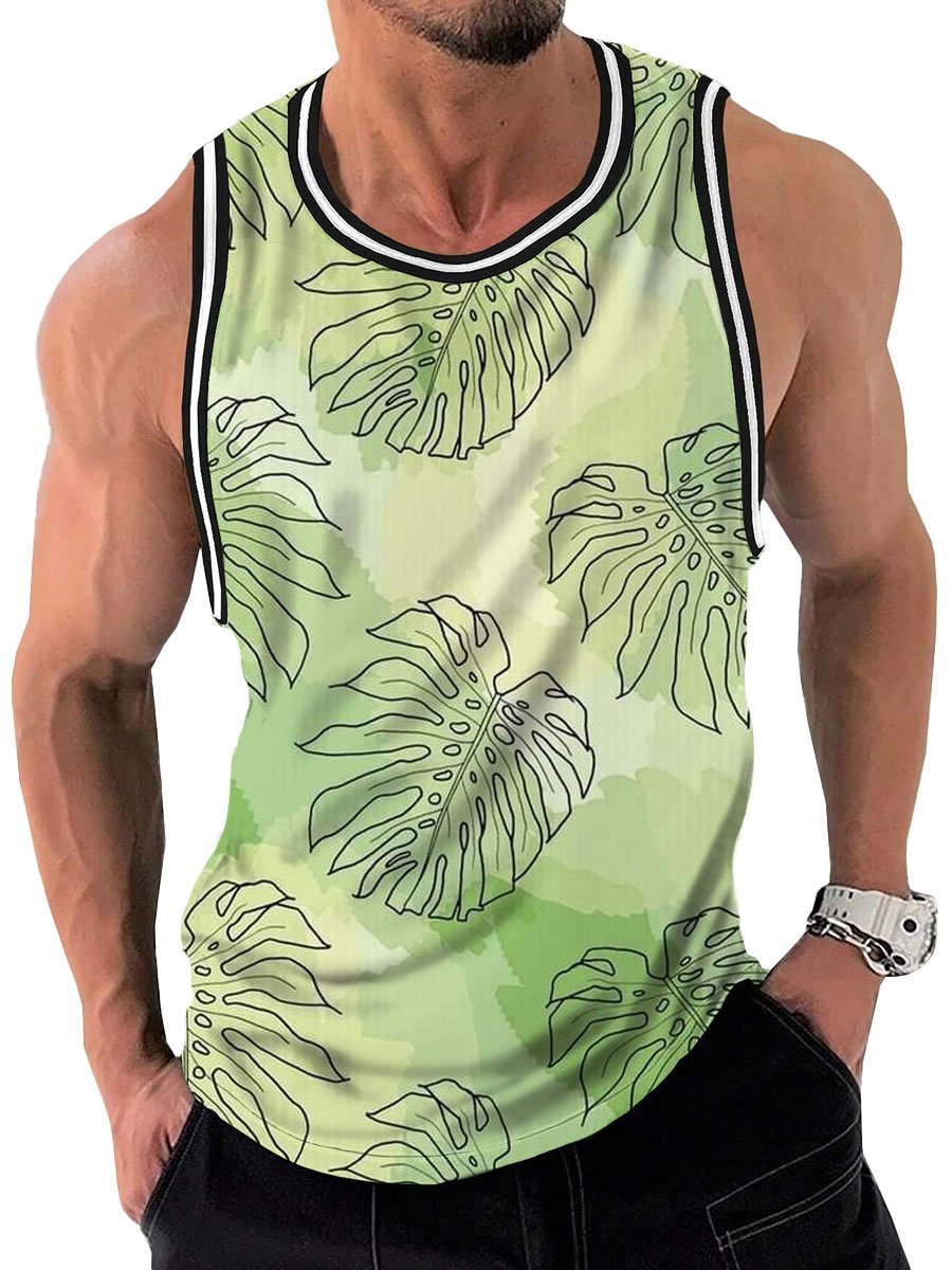 Men's Monstera Leaf Print Round Neck Tank Top