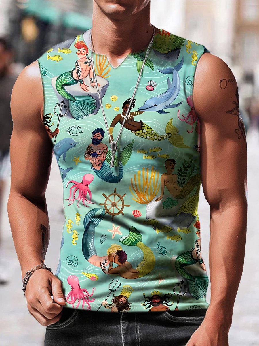 Men's watercolor mermen Print V-neck Tank Top