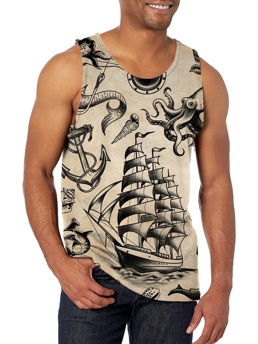 Men's Tank Top Vintage Nautical Mermaid Boat Print Crew Neck Tank T-Shirt