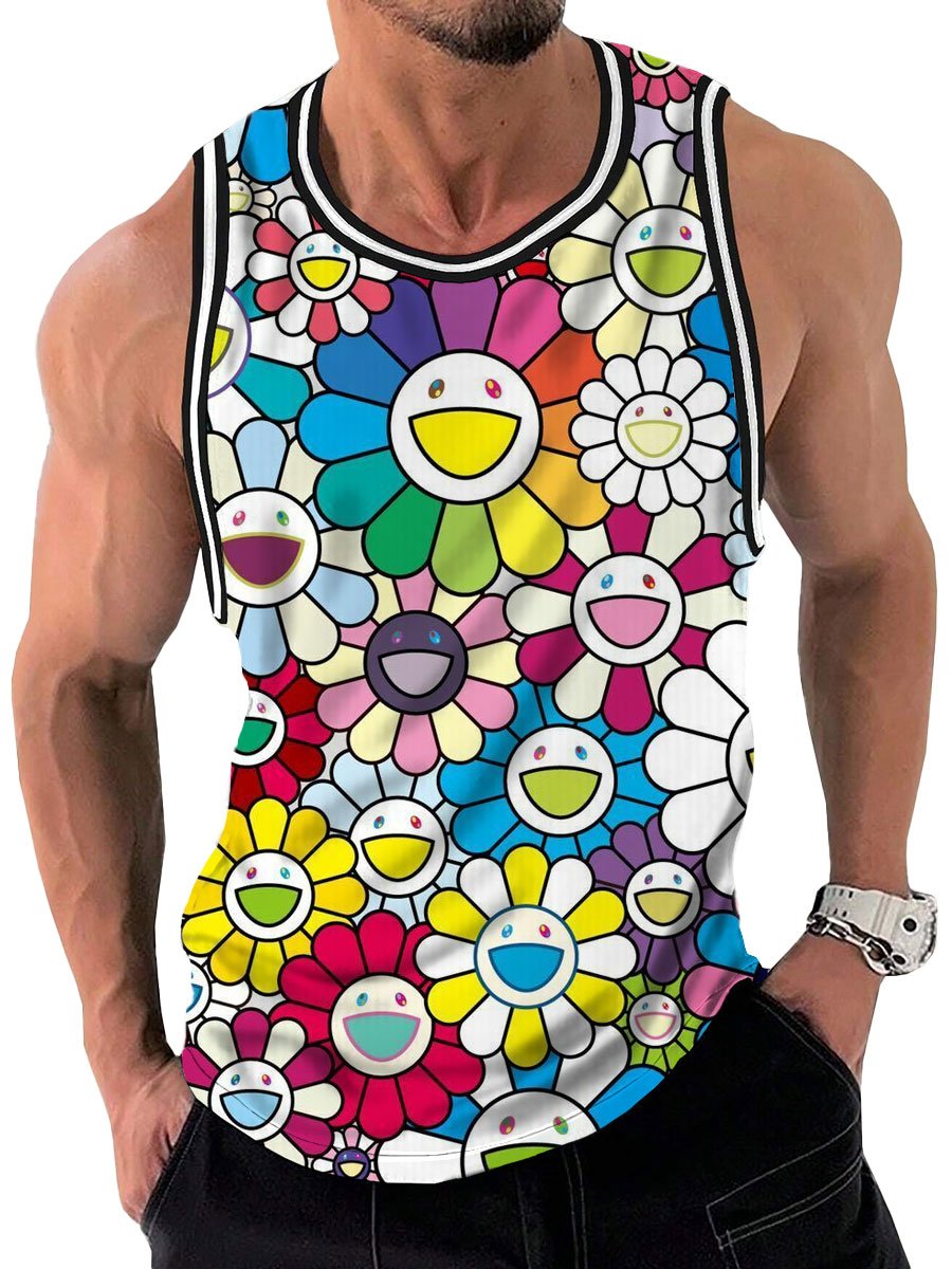 Men's Colorful Floral Smiley Print Casual Crew Neck Tank Top