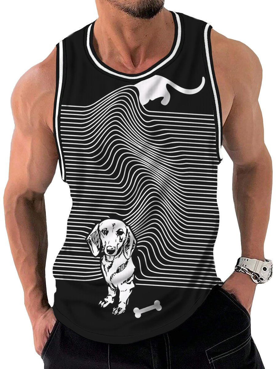 Line Dog Print Crew Neck Tank Top