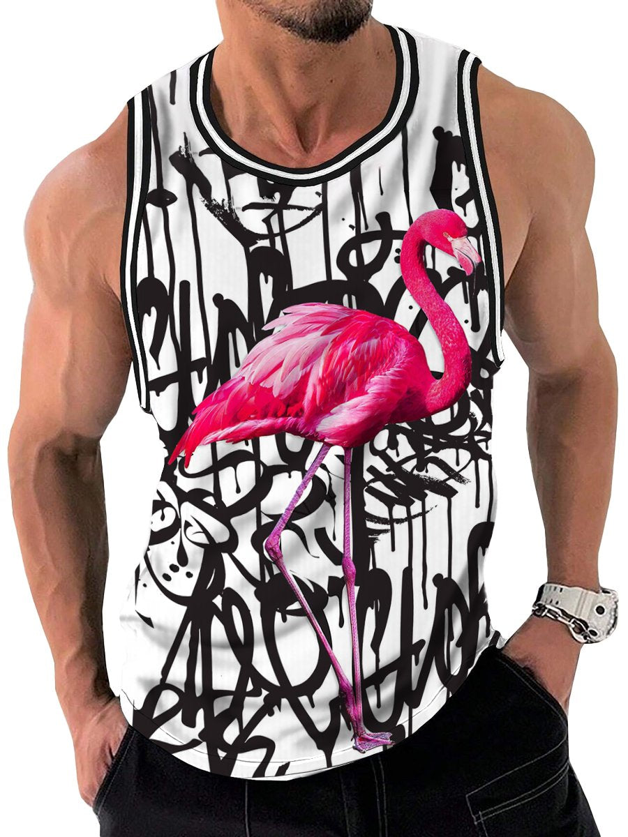 Stylish Flamingo Graffiti Print Crew Neck Tank Top