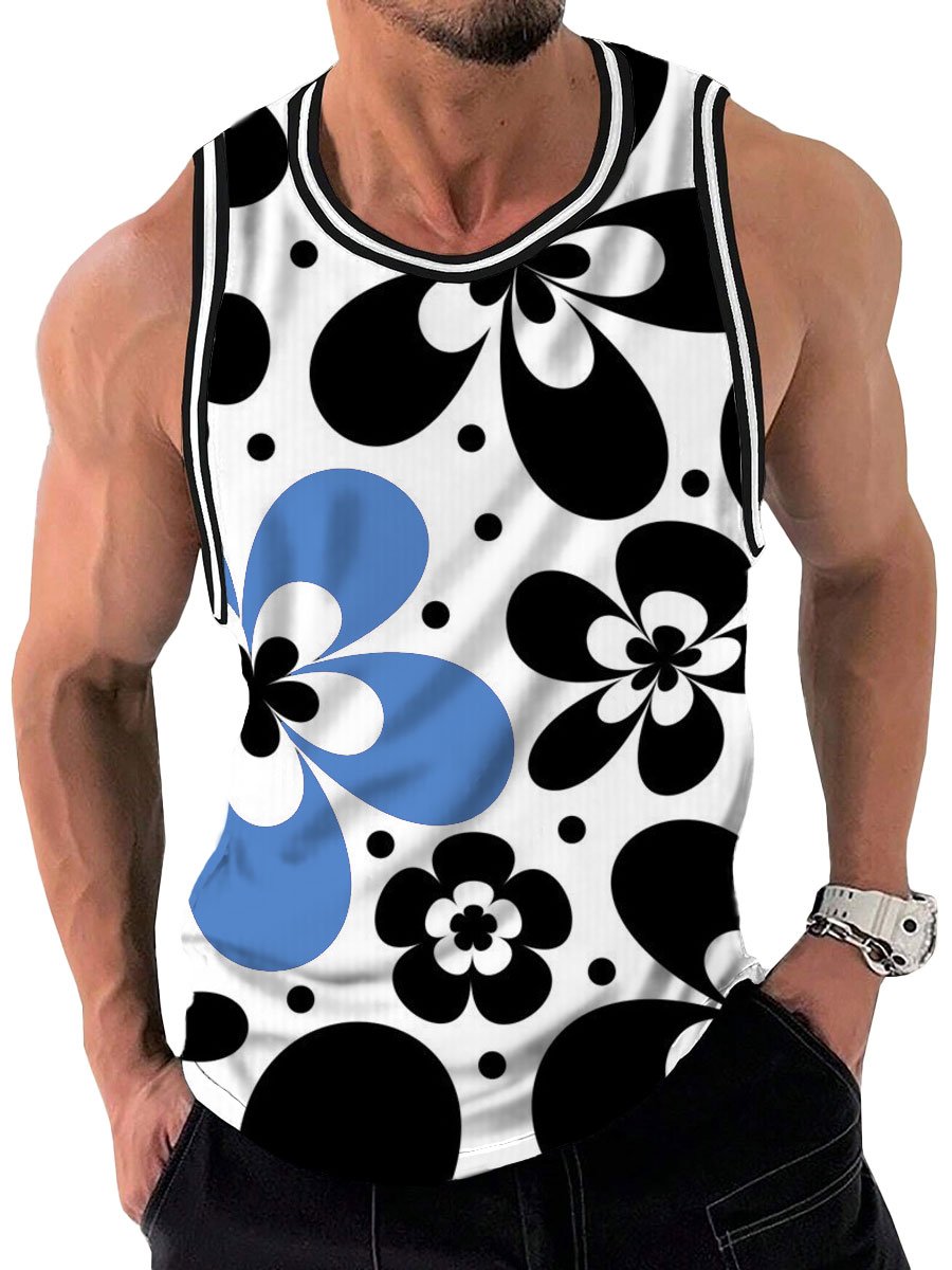 Men's Geometric Floral Print Striped Webbing Casual Crew Neck Tank Top