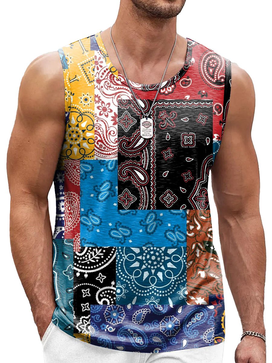 Men's Paisley Color Block Print Casual Crew Neck Tank Top