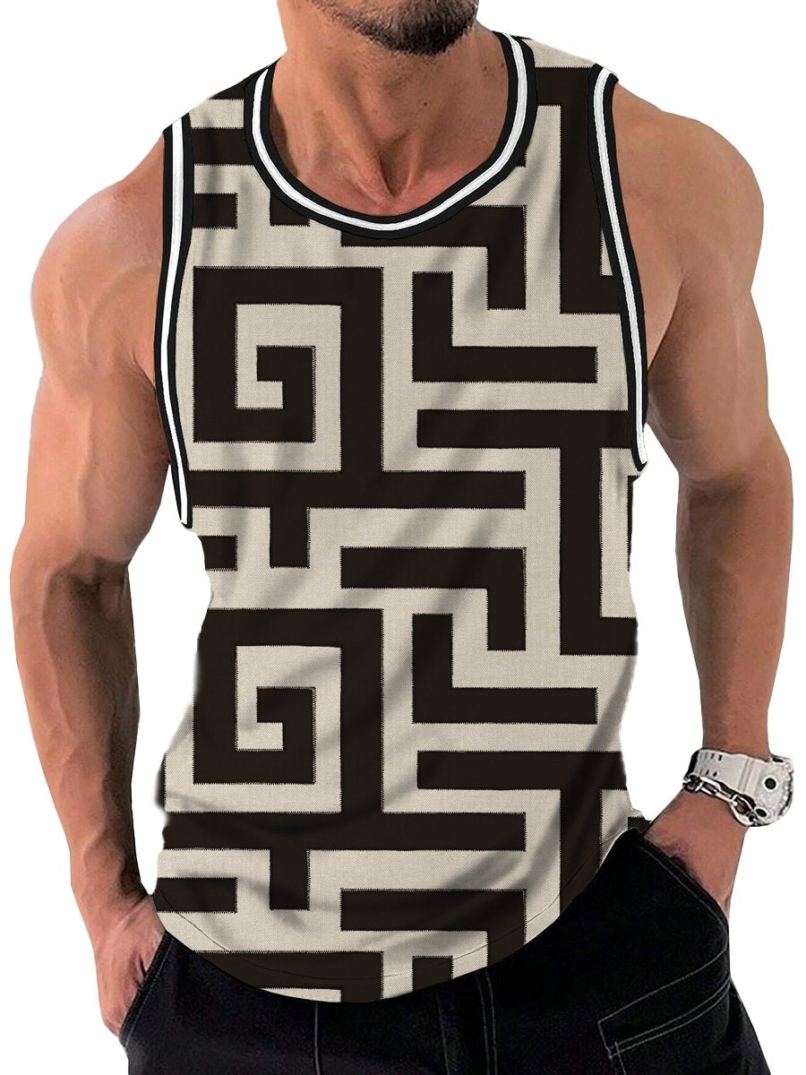 Retro Geometric Print Crew Neck Tank Top