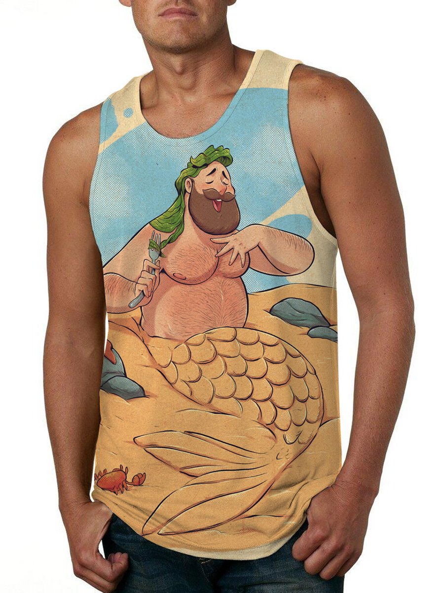Vintage Mermaid Print Crewneck Vest For Men
