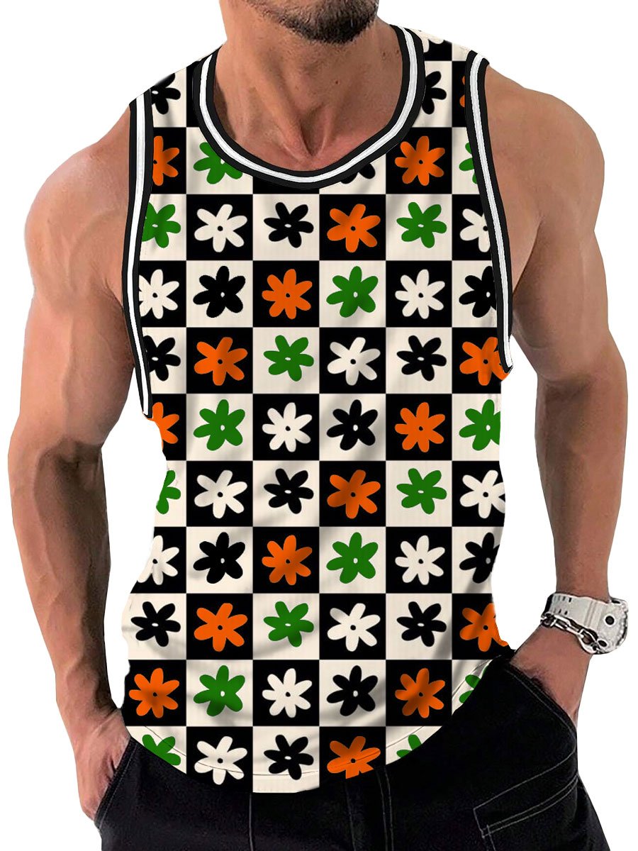 Men's Floral Plaid Print Casual Crew Neck Vest