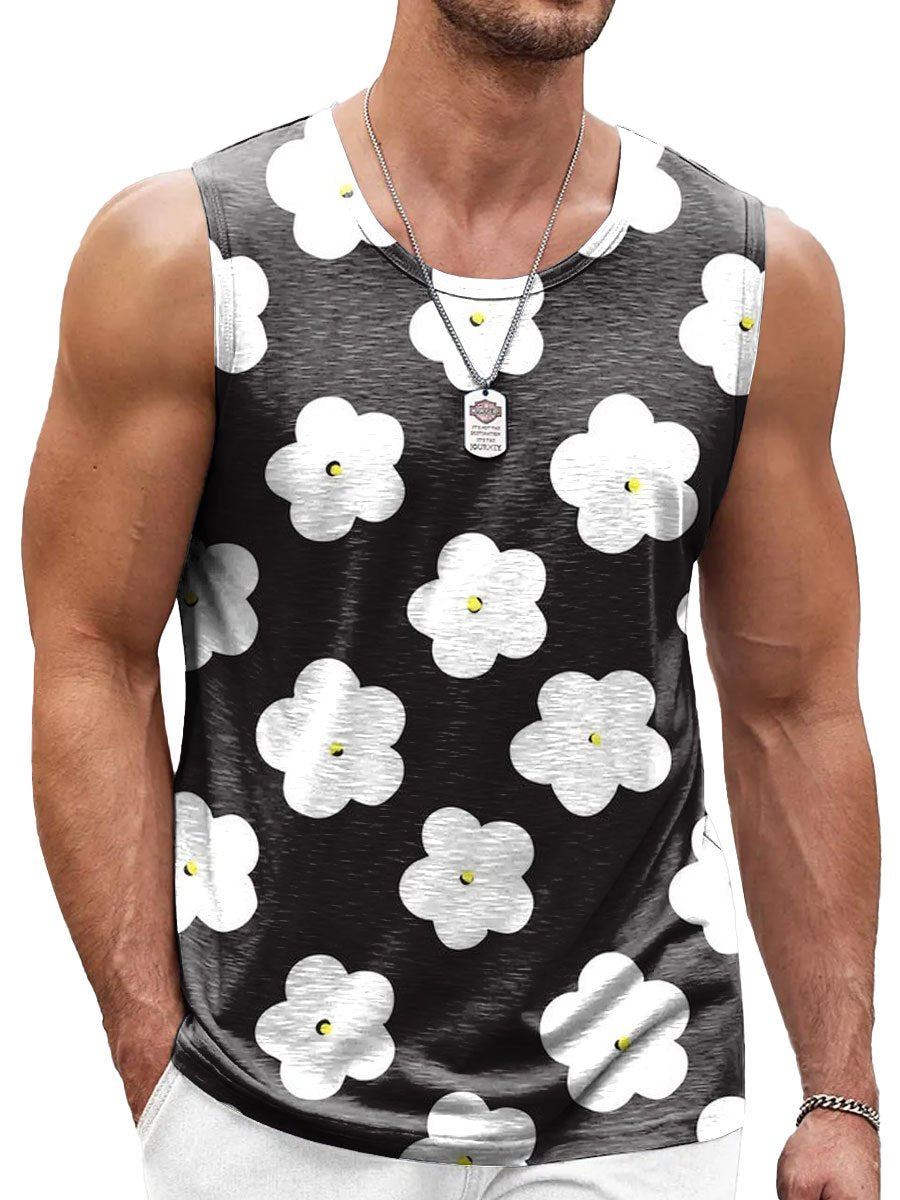 Black And White Cartoon Floral Print Casual Round Neck Tank Top