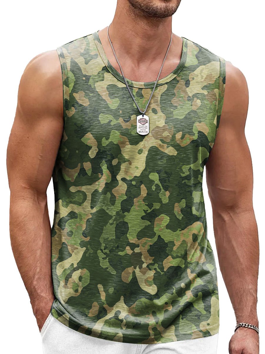 Men's Retro Camouflage Print Casual Crew Neck Tank Top
