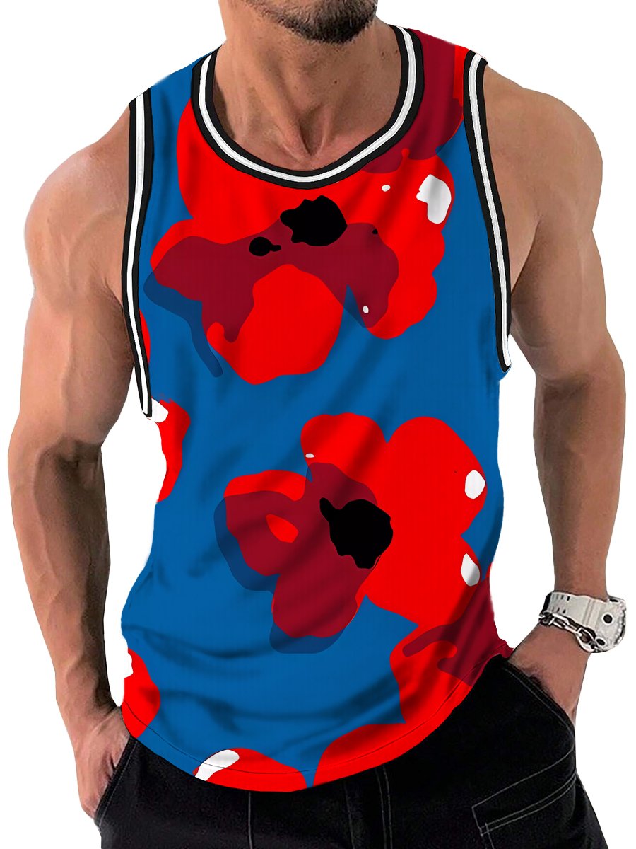 Contrast Color Flower Print Crew Neck Tank Top