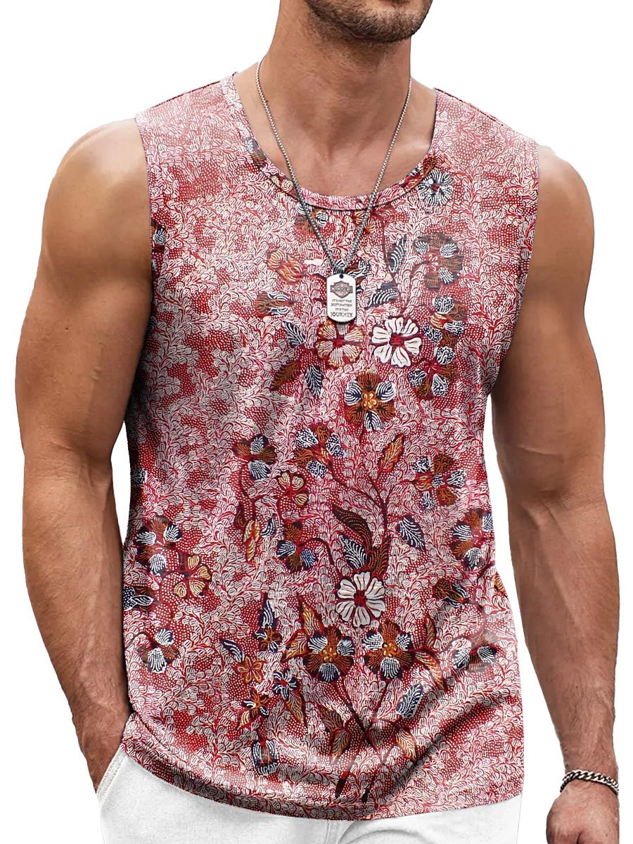 Men's Retro Ethnic Print Casual Crew Neck Tank Top