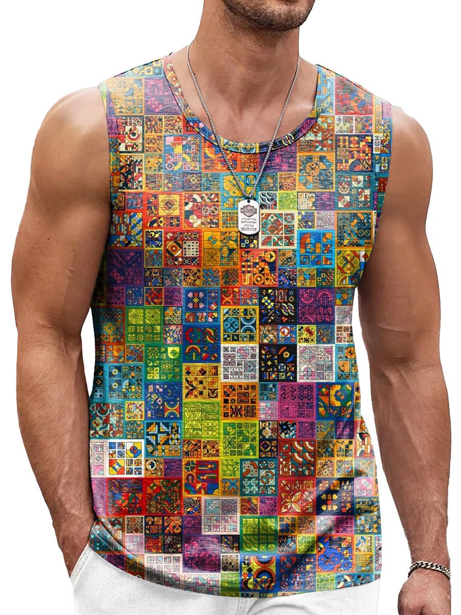 Men's Colorful Geometric Color Block Print Casual Crew Neck Tank Top