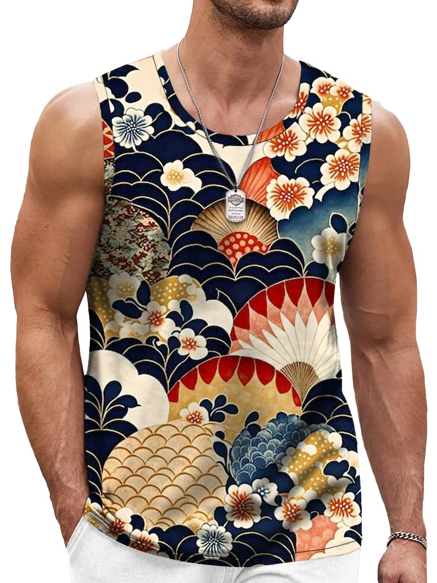 Japanese Sakura Folding Fan Print Crew Neck Tank Top