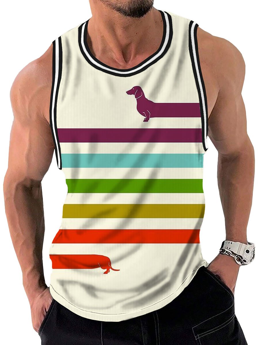 Fun Rainbow Dachshund Print Round Neck Casual Tank Top