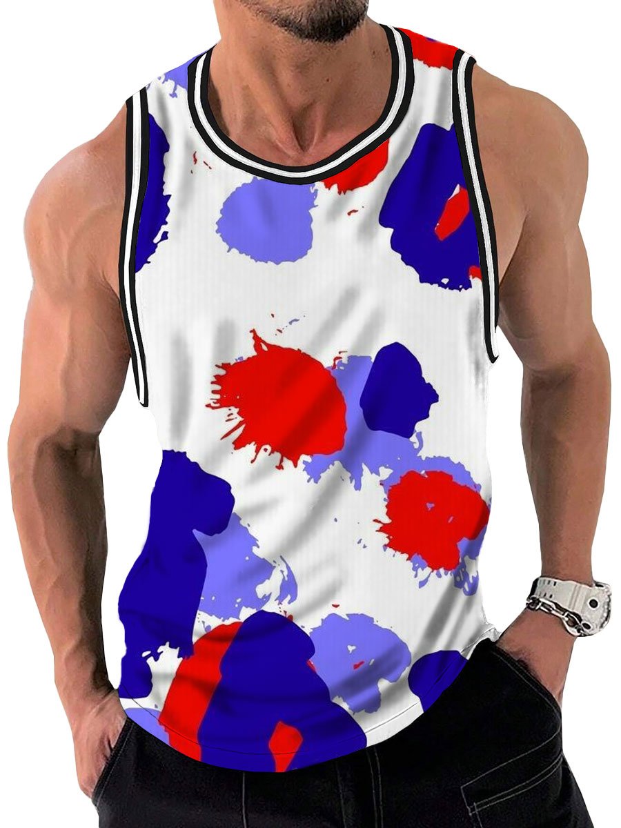 Men's Splash Print Striped Patchwork Casual Round Neck Vest