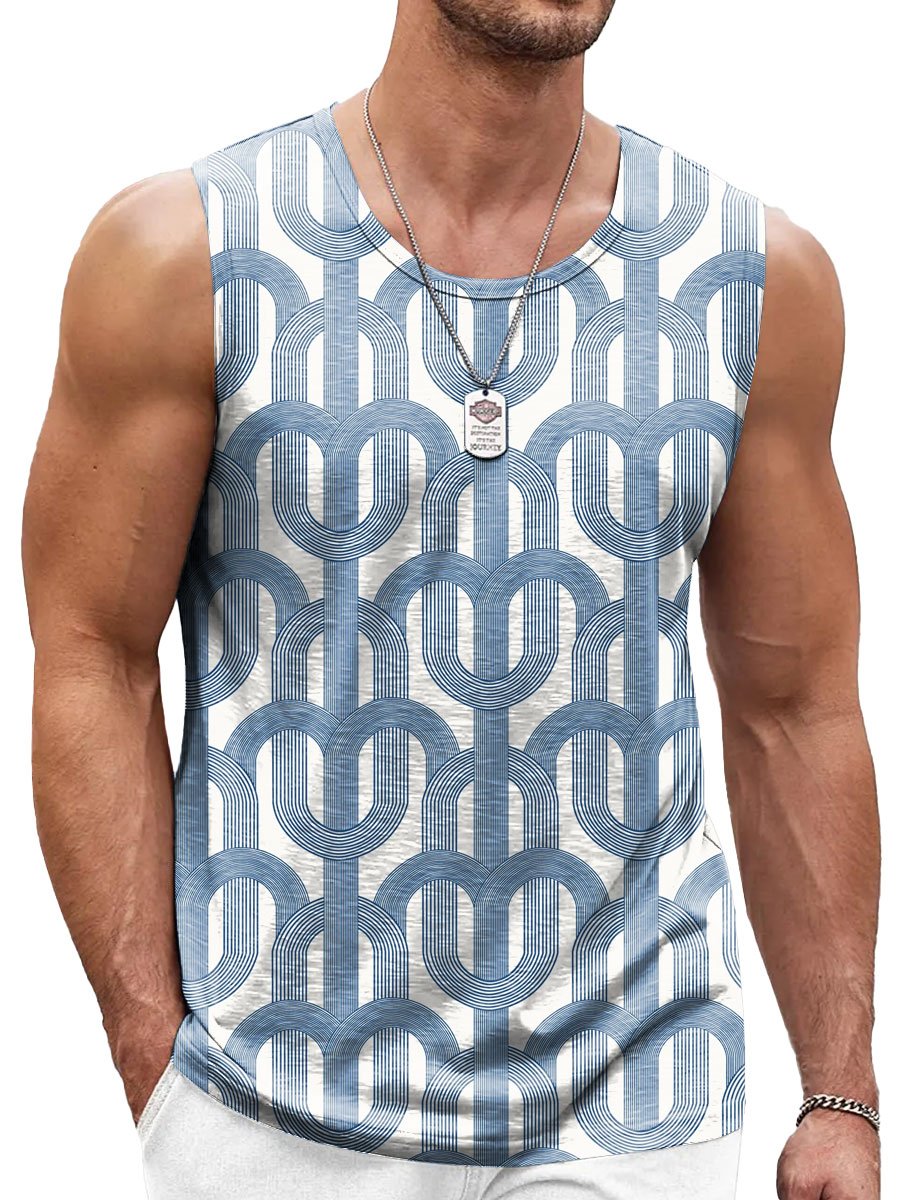 Men's Line Art Print Casual Crew Neck Tank Top