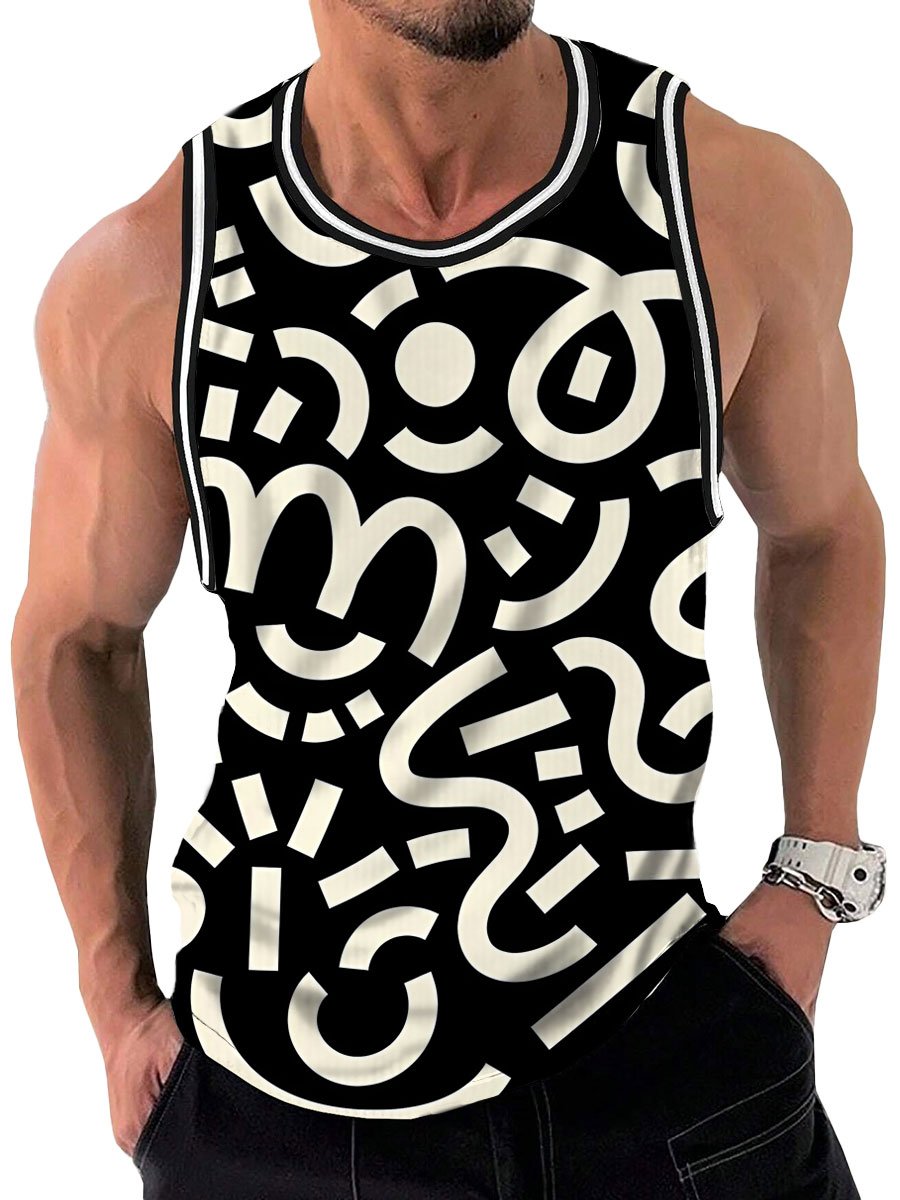 Retro Line Art Print Crew Neck Tank Top