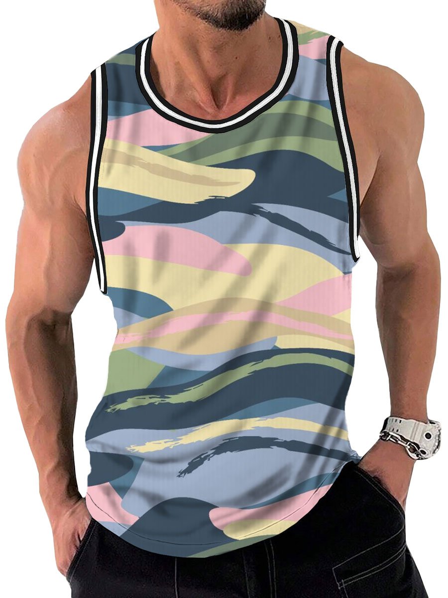 Artistic Color Block Print Round Neck Casual Tank Top