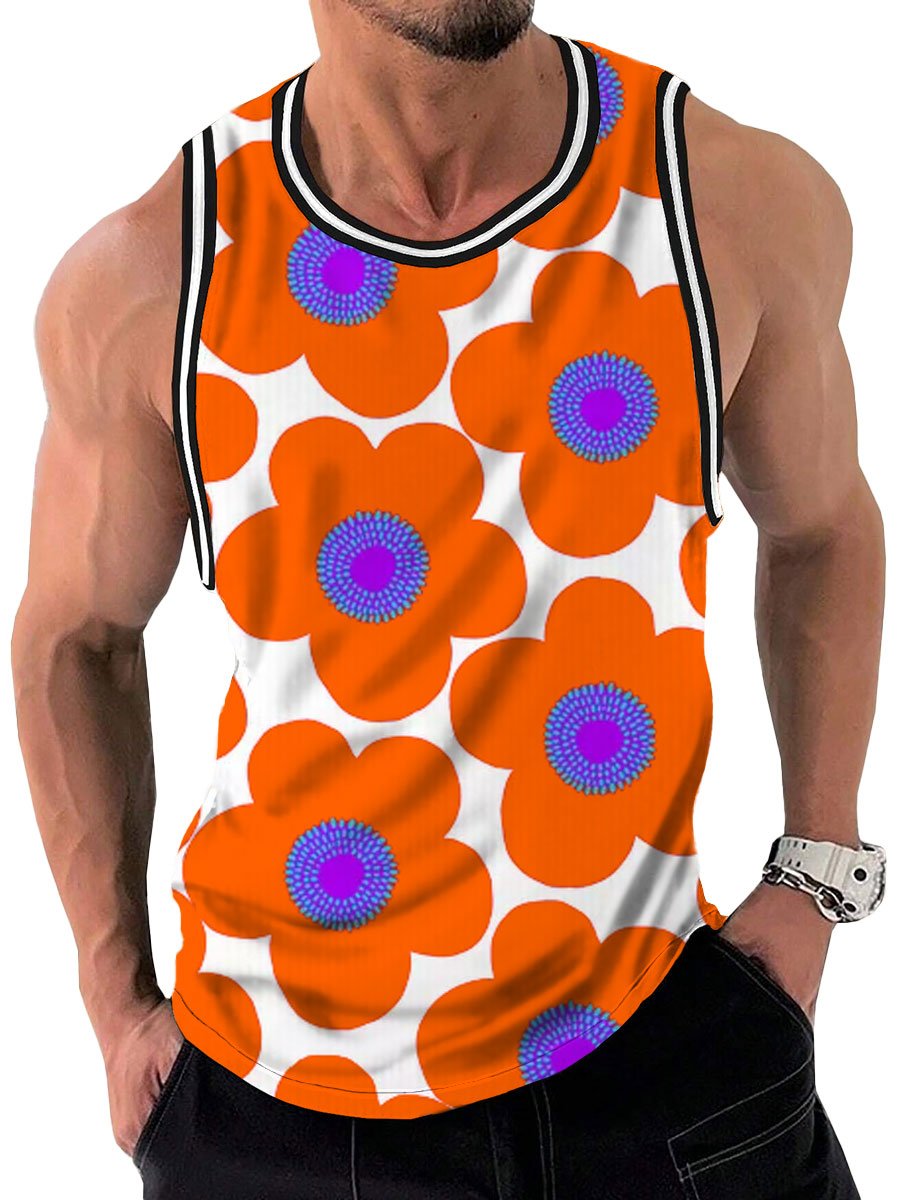 Men's Floral Polka Dot Print Casual Crew Neck Tank Top