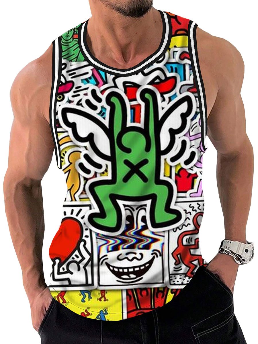 Pop Art Sticker Printing Casual Round Neck Tank Top