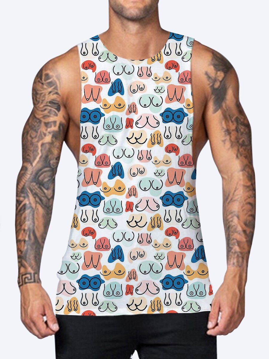 Fun Multicolor Boobs Print Crewneck Casual Tank Top