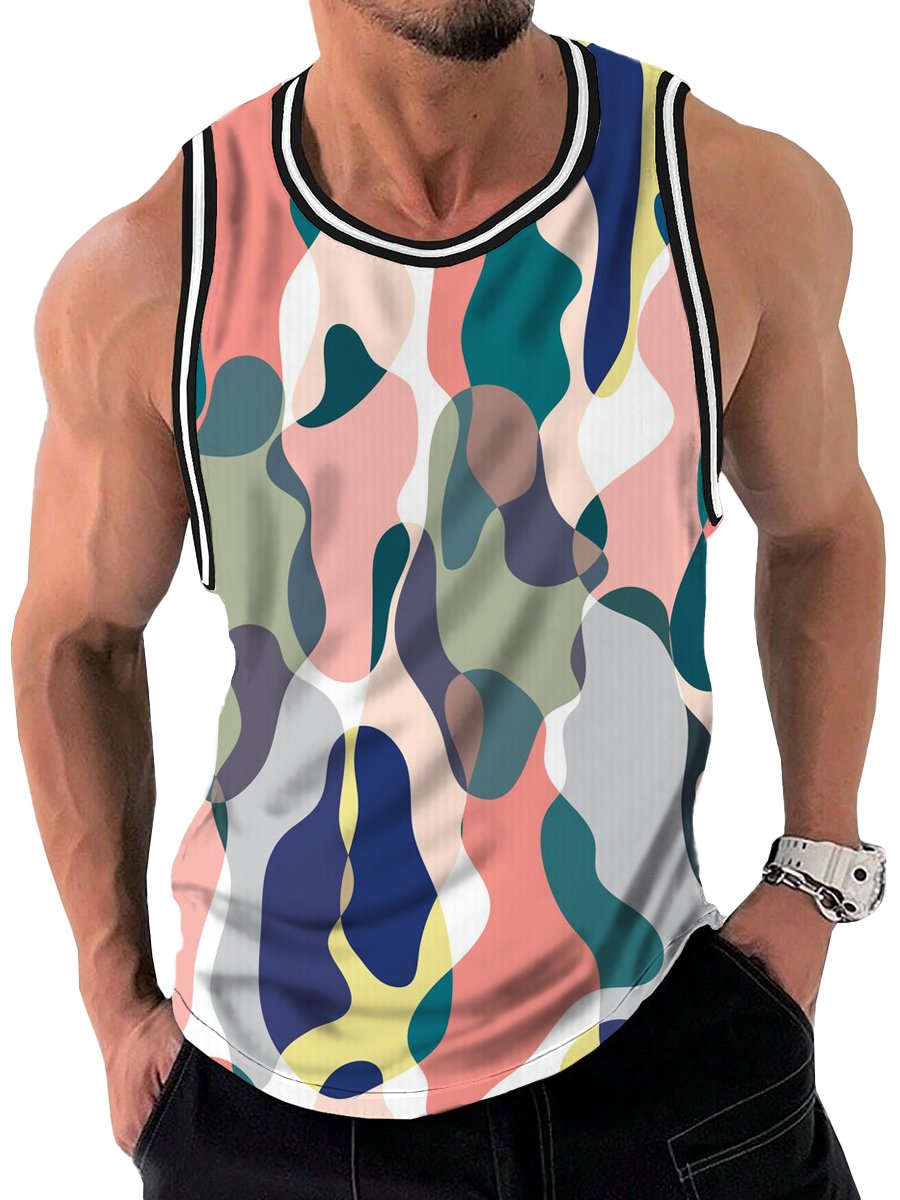 Colorful Abstract Camouflage Print Crew Neck Tank Top
