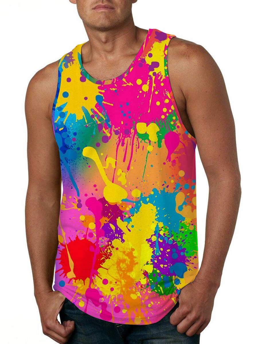 Colorful Pigment Printed Crew Neck Tank Top