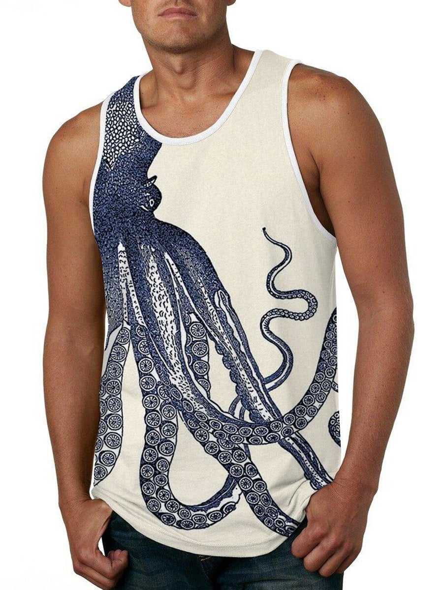 Vintage Navy Blue Octopus Print Round Neck Tank Top