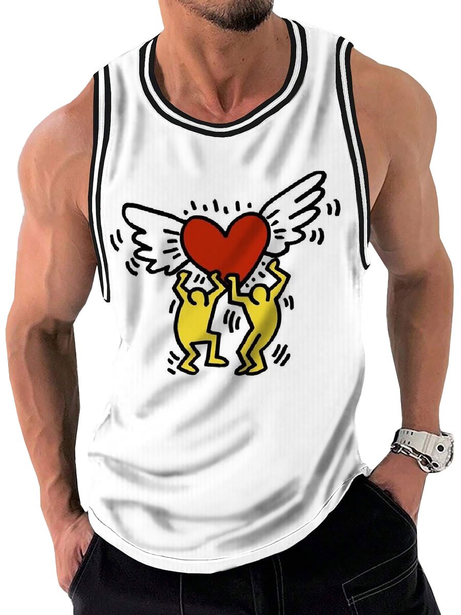 Cartoon Love Print Casual Round Neck Tank Top