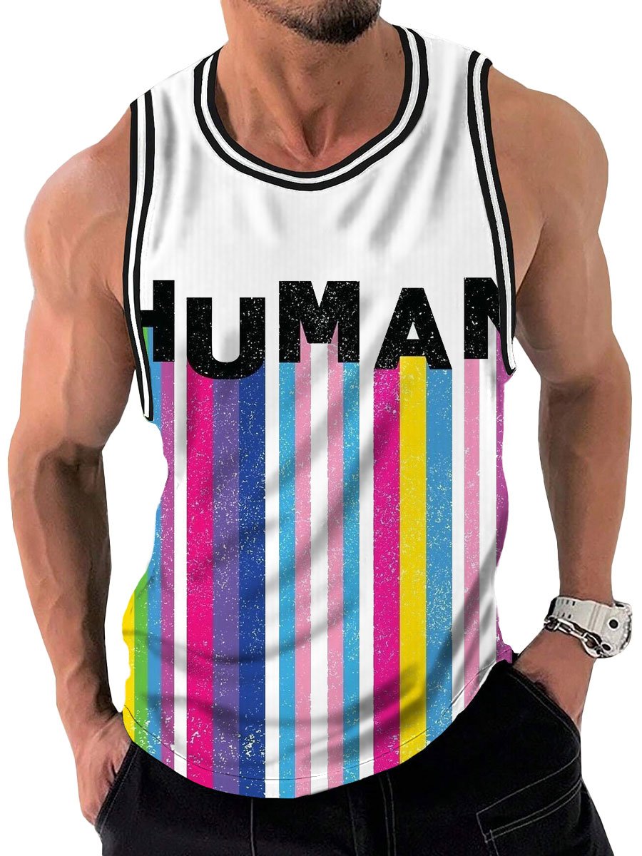 Men's Rainbow Stripe Letter Print Casual Crew Neck Tank Top