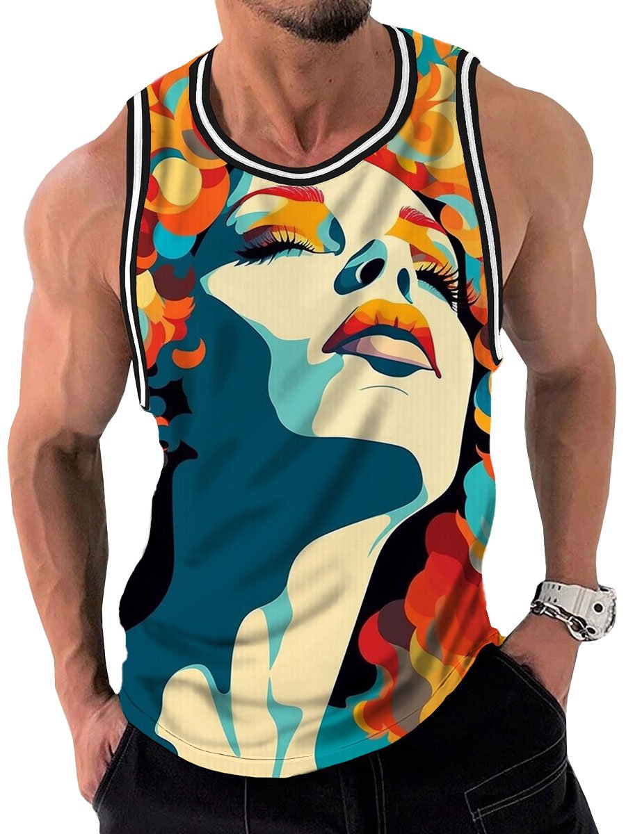 Men's Art Color Portrait Printed Casual Round Neck Tank Top