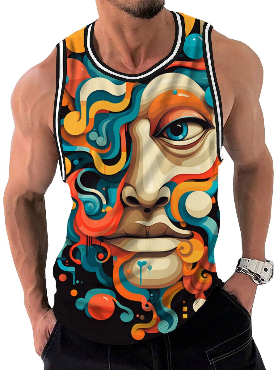 Men's Abstract Colorful Portrait Print Casual Crew Neck Tank Top