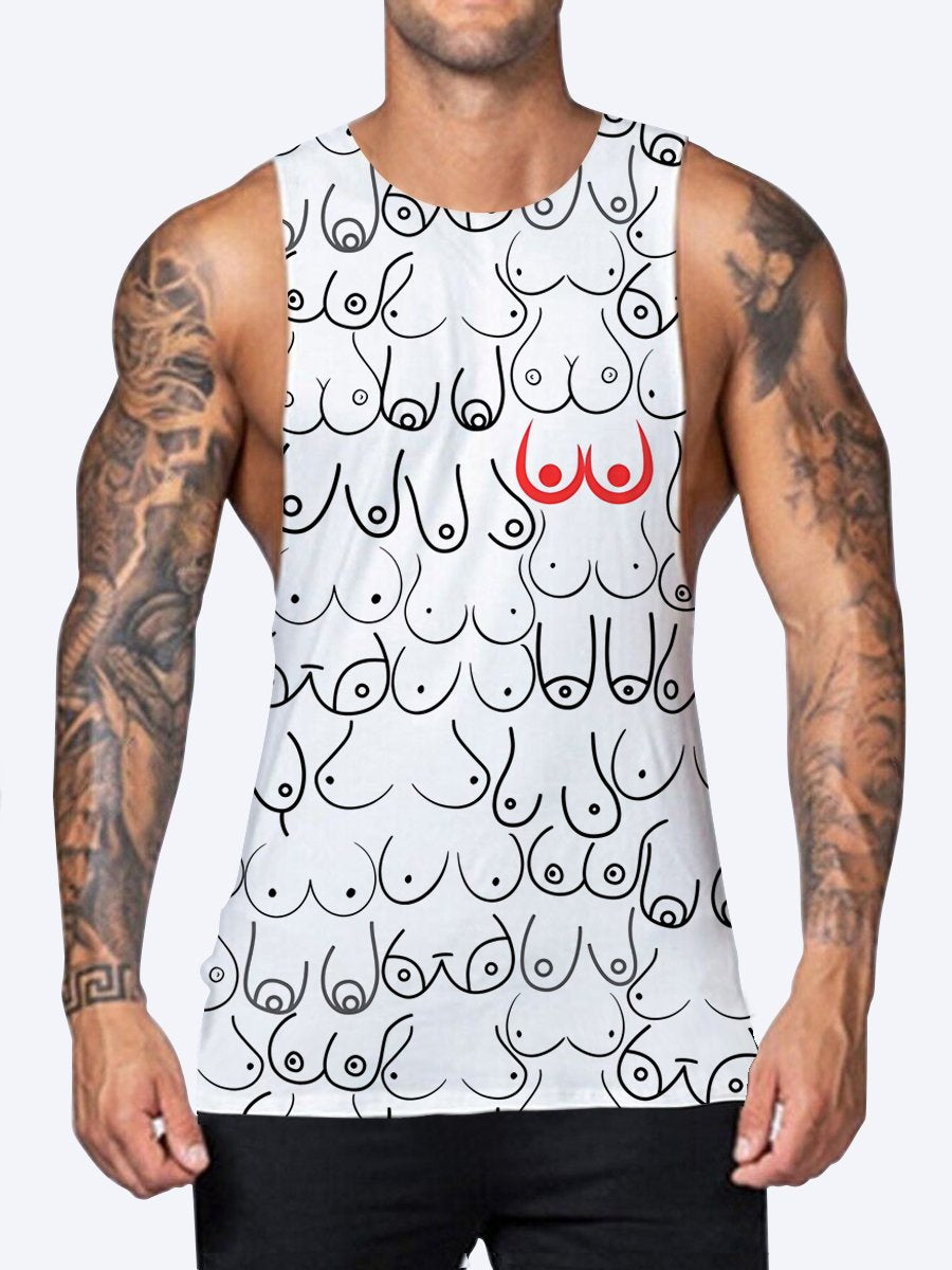 Fun Multicolor Boobs Stick Figure Print Crew Neck Casual Tank Top