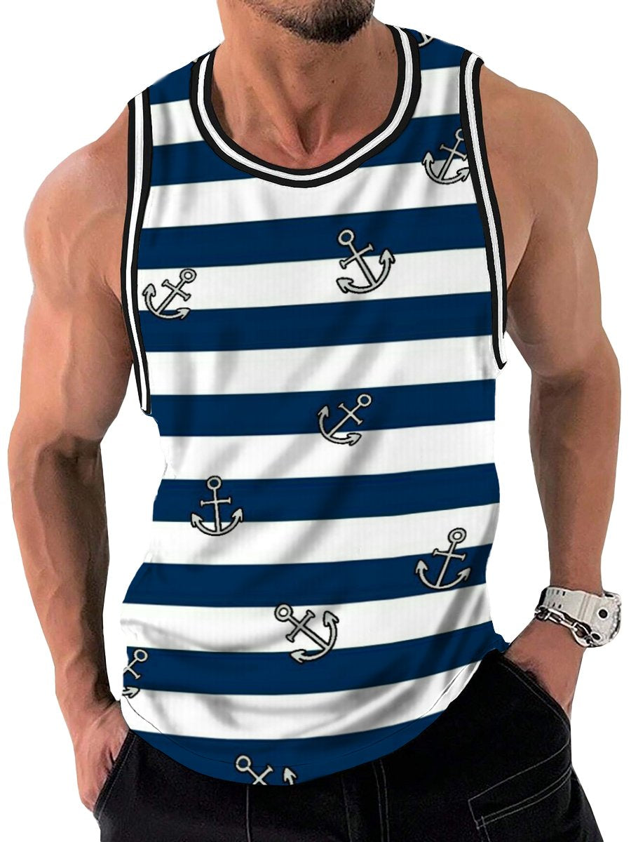Navy Stripe Anchor Print Crew Neck Tank Top