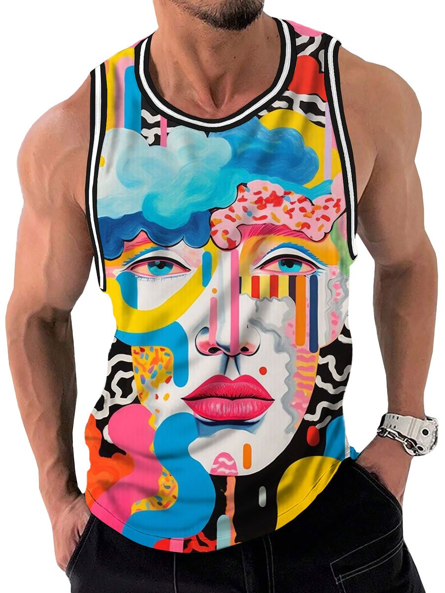 Men's Art Graffiti Face Print Casual Crew Neck Tank Top