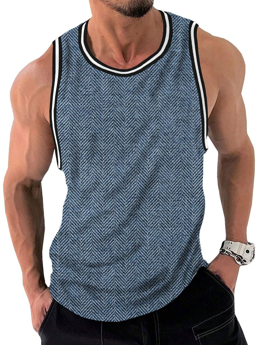 Retro Herringbone Print Casual Round Neck Tank Top